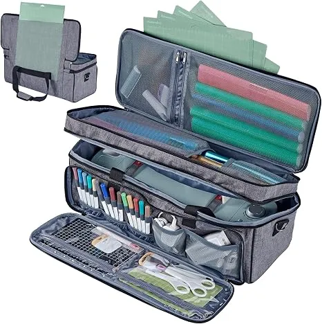 HOMEST Double Layer Carrying Case with Mat Pocket for Cricut Maker 4 & Explore 4, Grey